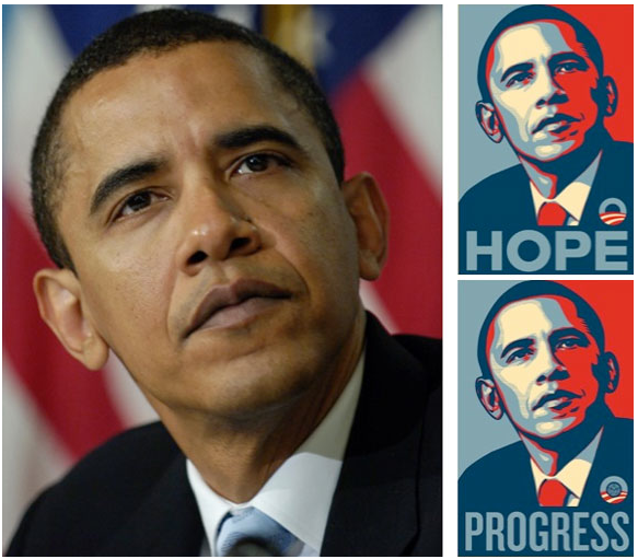 Shepard-Obama-AP À gauche l'image de Manny Garcia d'AP et à droite le travail du graphise Shepard Fairley