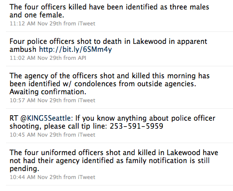 Premiers tweets meurtre 4 policiers @seattletimes Les premiers tweets sur l'affaire sur @seattletimes