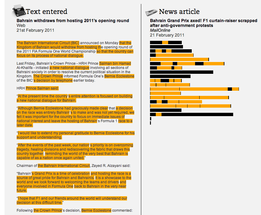 Churnalism, le détail des résultats pour un article Churnalism, le détail des résultats pour un article